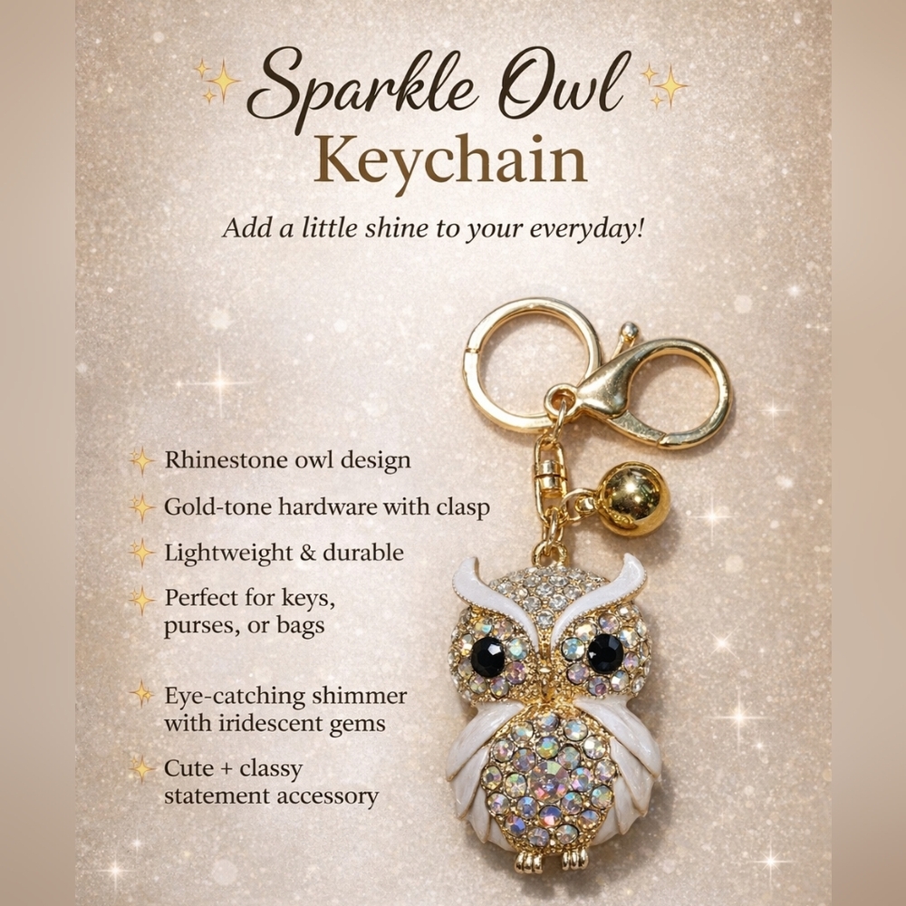 Rhinestone Owl Keychain - White & Gold Sparkle NWT!